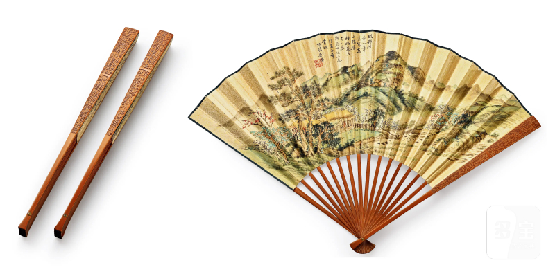 清 杨龙石刻 钟鼎铭阳文扇骨 并董耀书画扇面